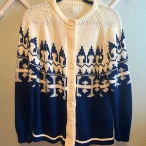 Vintage Button Up Sweater Cardigan Acrylic Blue White Pattern Women’s L